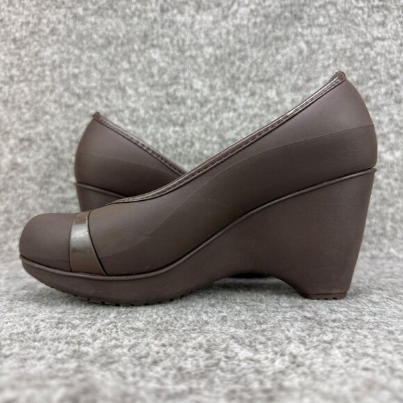 ✅Crocs Lena Womens 7W Cap Toe Wedge Brown Slip-On Heel Pumps Casual Comfort Shoe - Picture 8 of 11